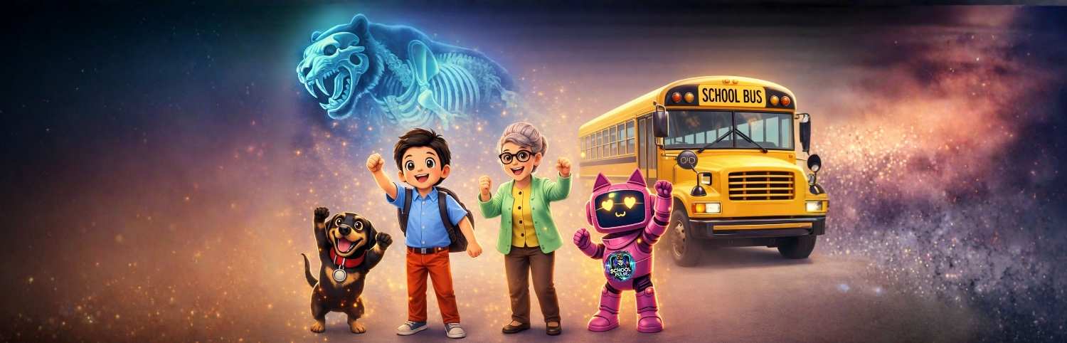 Illustration: SchoolPulse VR world with a smiling older adult, a child, a dog, and a friendly robot with the SchoolPulse logo, beside a school bus and magical scenery.